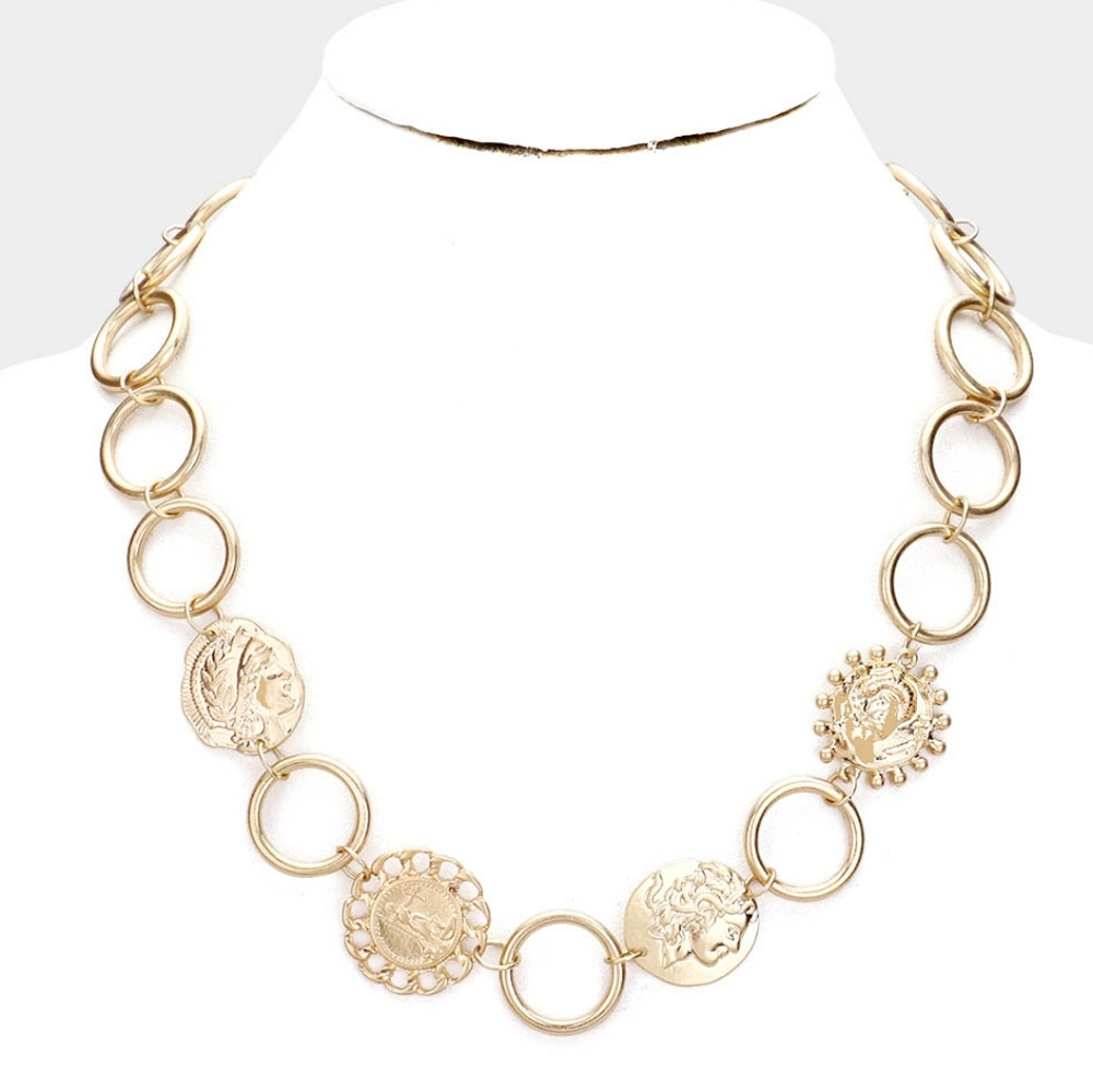 Gold Antique Coin Medallion Link Chain Necklace Statement Jewelry Accessories